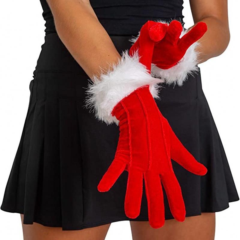 

Five Fingers Gloves Women Year Winter Warm Red Fur Costume Velvet With White Furry Cuff Accessories For Christmas, Blue;gray