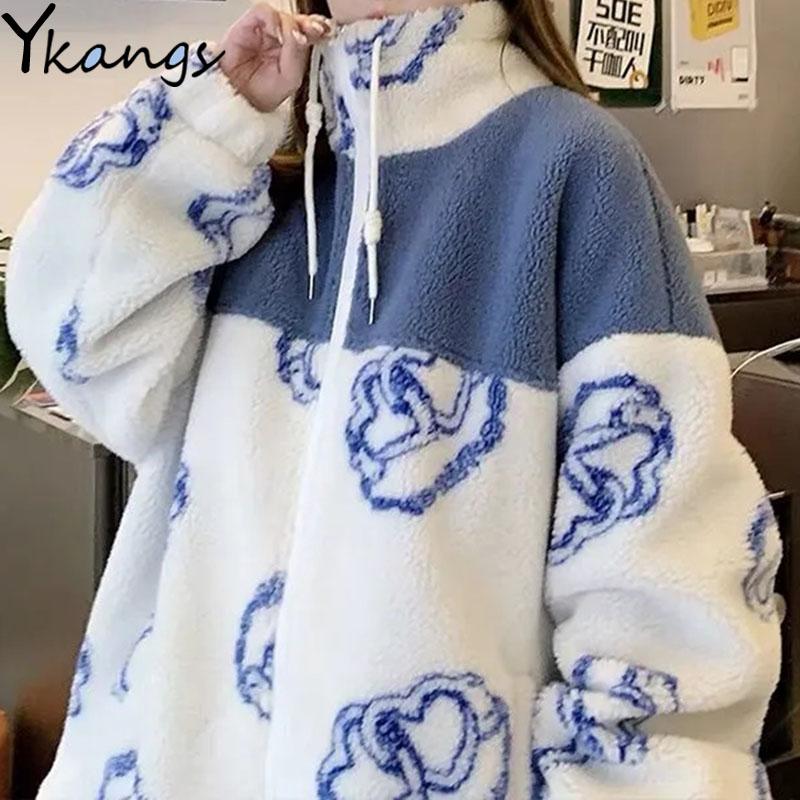 

Women's Jackets Y2k Winter Warm Loose Letter Lamb Wool Parka Oversized Casual Patchwork Zipper Harajuku Print Fleece Korean Autumn Coats, Black;brown