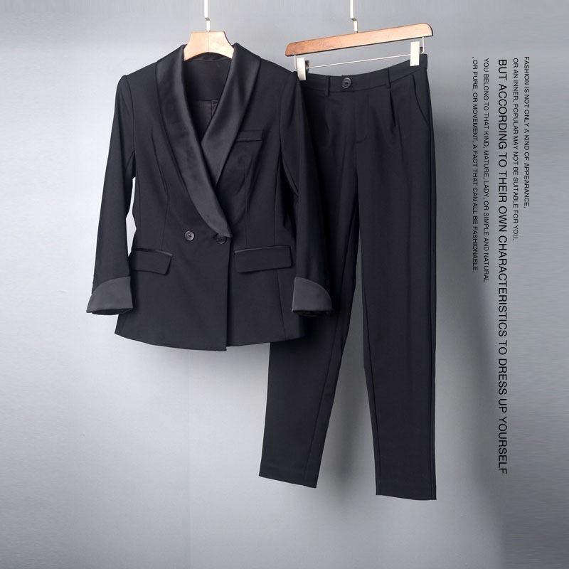 

Women' Two Piece Pants Contrast Color Lapel Black Blazers And Pant Suits Office Lady Formal Uniform Business Work Sets Women Outfits 2021