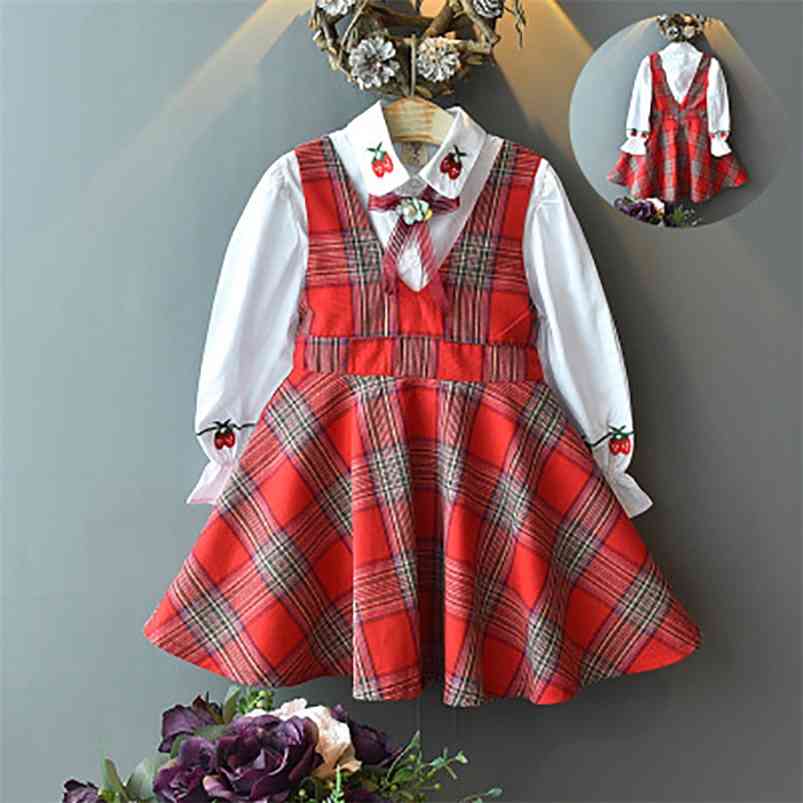 

Arrivals Winter Children Sets Long Sleeve Turn-down Collar Bow T-Shirt Plaid Dress Cute 2Pcs Girls Clothes 2-7T 210629, Red