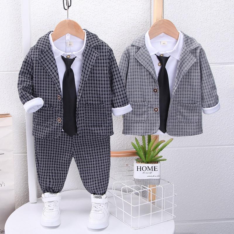 

Clothing Sets 2021 Children's Solid Color Plaid Gentleman Suit Set Boy's Tie Shirt Trousers Three Piece Baby Formal Dress, White