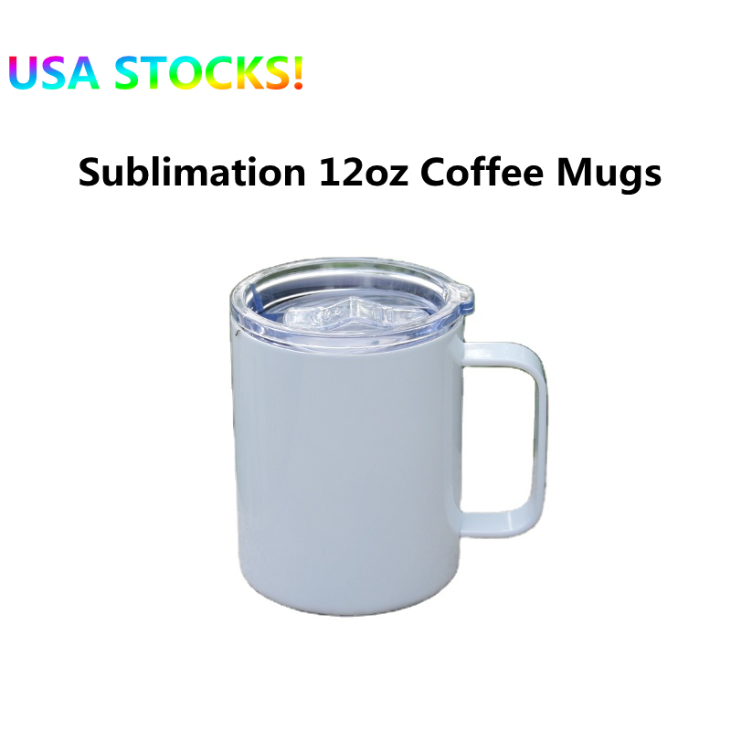 

USA STOCKS! Sublimation 12oz Coffee Mugs with Handle Lid Stainless Steel Double Walled Insulated Vacuum Blanks Office Tumblers DIY Portable Travel Water Bottle Cups, White sublimation