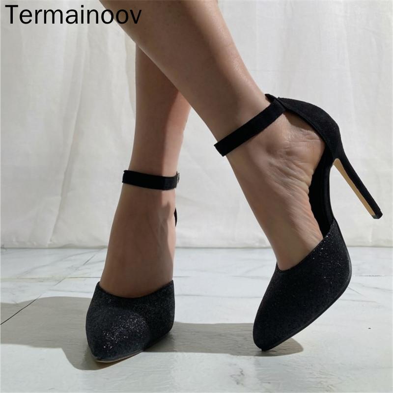 

Dress Shoes Termainoov Women Pumps High Heels Stiletto Sequin Wedding Pointed Toe Big Size 42 Red Black Buckle Sandals