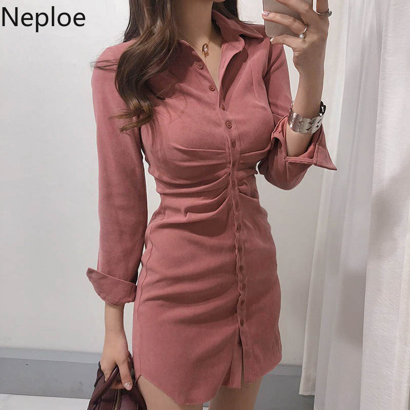 

neploe korean chic retro high waist hip pleat dress turn down collar long sleeve single breast pink vestido slim fit ropa 49151, Black;gray