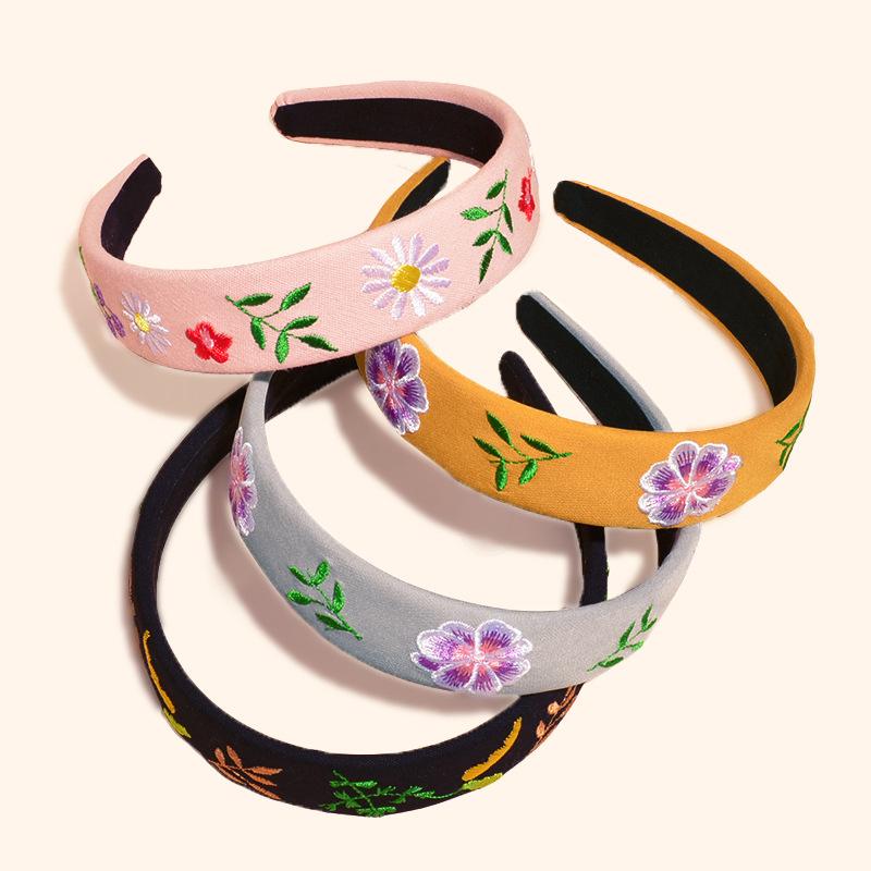 

Hair Accessories Flower Embroidery Band Wide Side Retro Fashion Card Pressure Wash Face Headband Female