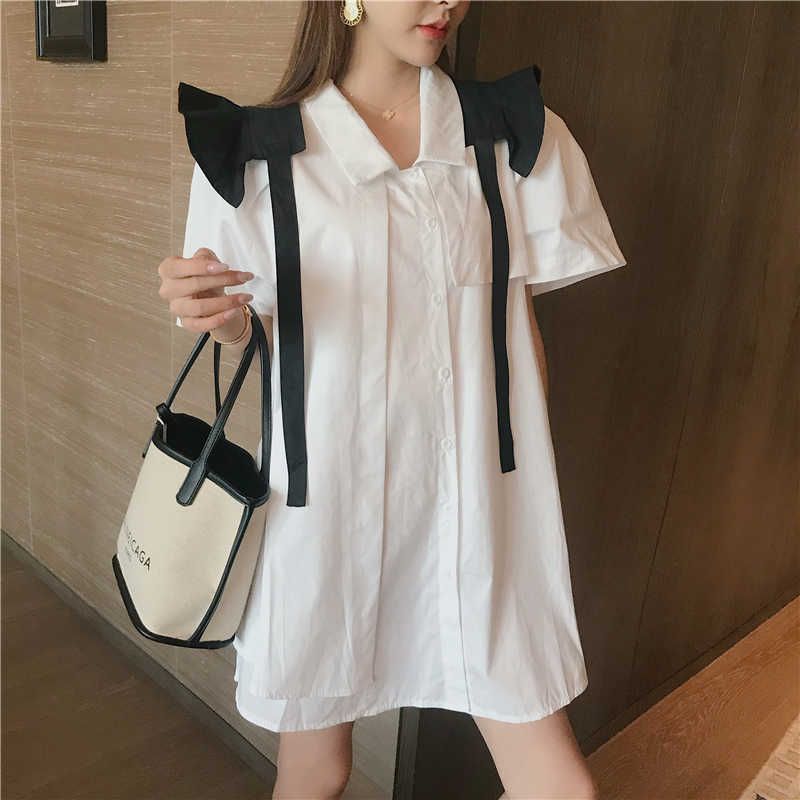 

Summer Woman Fashion White Short Sleeve Shirt Dress Ladies Casual Mini Vintage Dresses With Black Shawl 210526