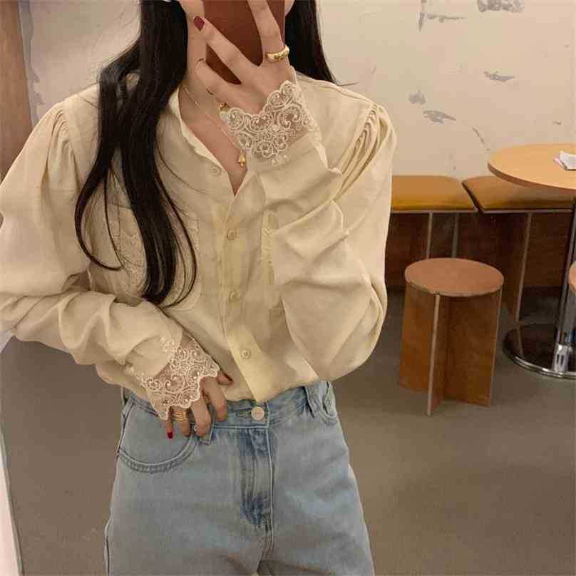 

Retro Women Loose All Match Chic Patchwork Vintage Lace Gentle Stylish Elegance Female Shirts Tops 210525, Apricot