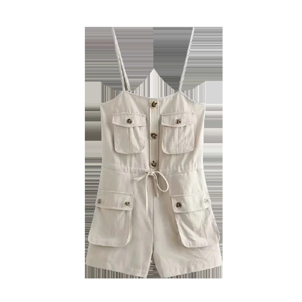 

BBWM Safari Style Spaghetti Strap Jumpsuit Women Open Button Lacing up Bow Waist Short Pants Romper Cotton Linen Playsuits 210520, Khaki