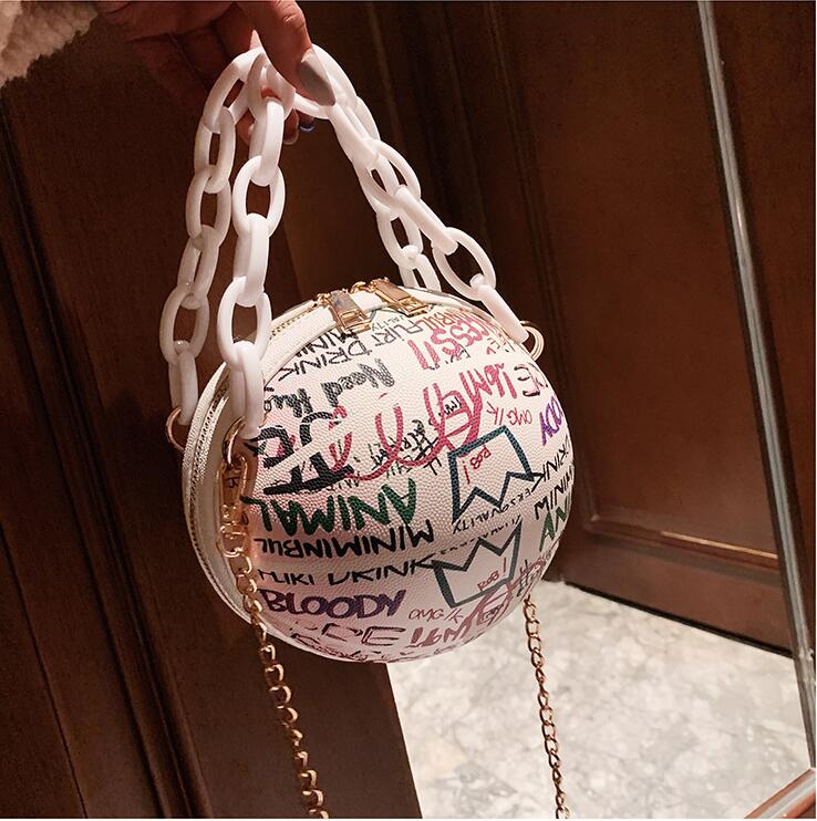 

Factory wholesale women handbag graffiti basketball bag street trend round fashion chain bags color graffitis rounds leather messenger handbags