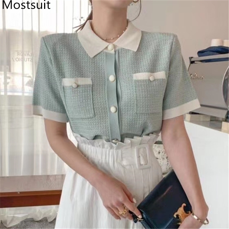 

Summer Korean Vintage Knitted Tops T-shirts Women Short Sleeve Turn-down Collar Single-breasted Fashion Tees Tshirt 210518, White