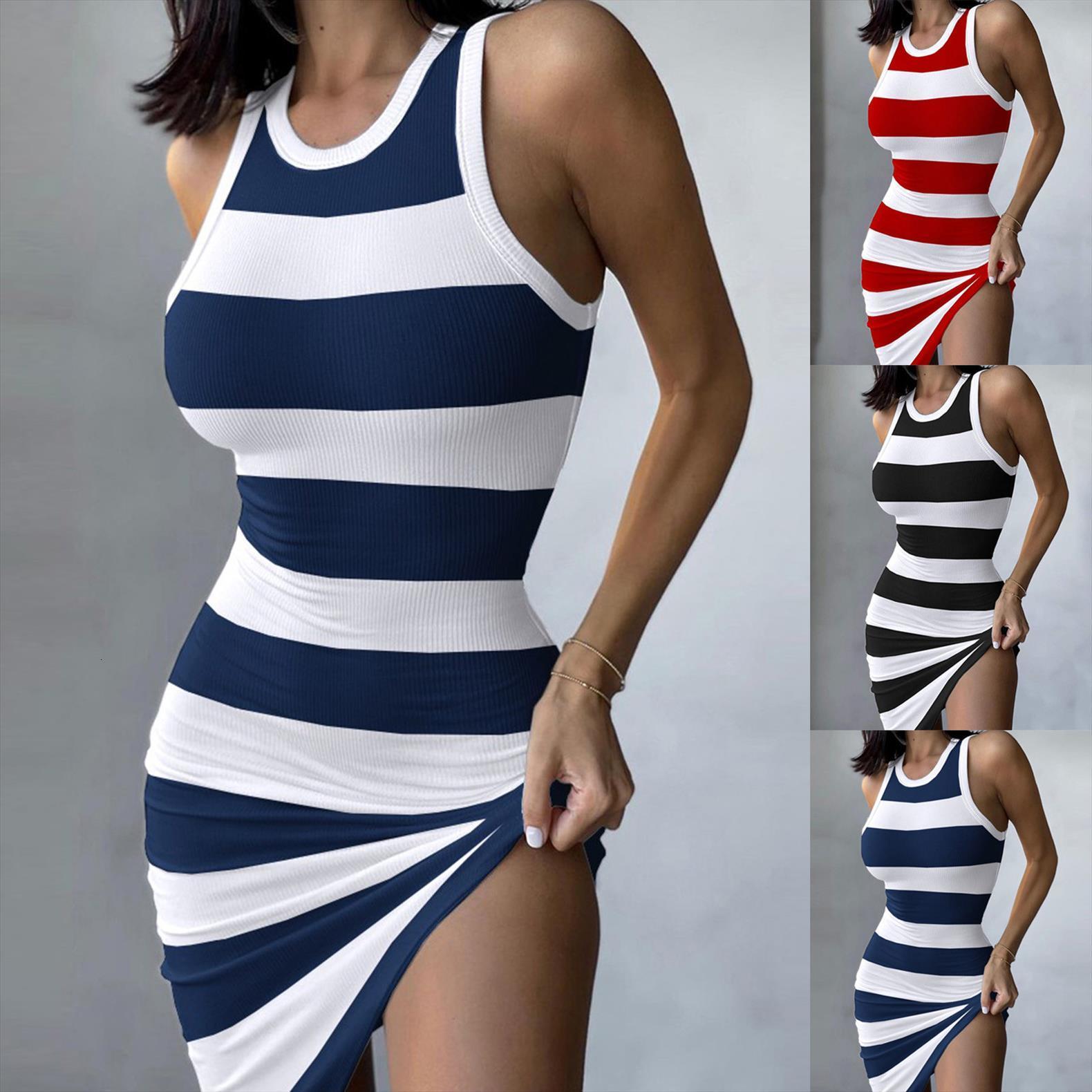 

summer casual slim slimming womens dress round neck sleeveless simple striped print vest sell 50, Black;gray