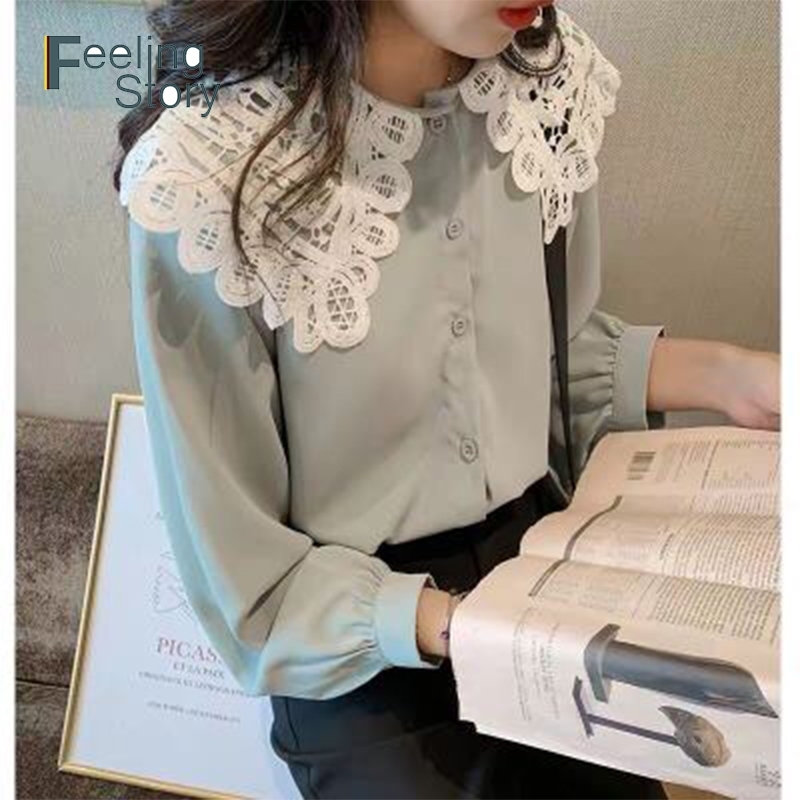 

Korean Plus Size 5X Blouses For Women Lace Tops The Office Shirt Button Down Long Sleeved Loose Elegant Blusas Femininas 210603, Green