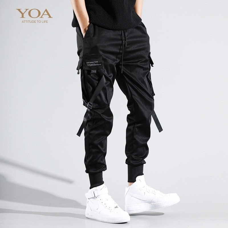 

Yoa autumn and winter trend paratrooper work casual ins fashion brand foot functional pants men's leg binding, Black