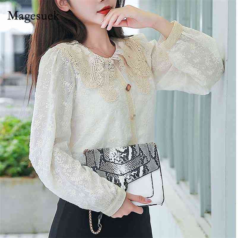 

Autumn Cotton Vintage Lace Elegant Women' Blouse Korean Clothes Latern Long Sleeve Slim Shirts 11056 210518, As picture