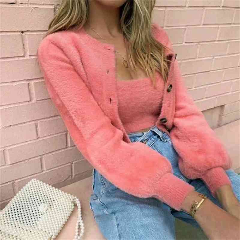 

Spring knit V-neck cardigan with sweater loose coat female autumn sexy soft long sleeve Imitation mink womens 210517, Pink