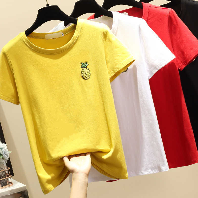 

Women T-Shirt Short Sleeve Cotton T Shirt Embroidery Pineapple fruit Summer Female Fashion Top Tee Loose Red Yellow White 210604, Black