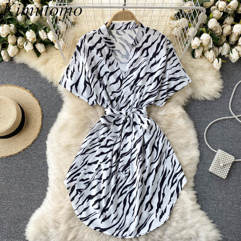 

Kimutomo Zebra Print Shirt Dress Summer Elegant V-neck Lace Up Slim Short Sleeve Robe Female Casual Fashion Vestidos 210521, White