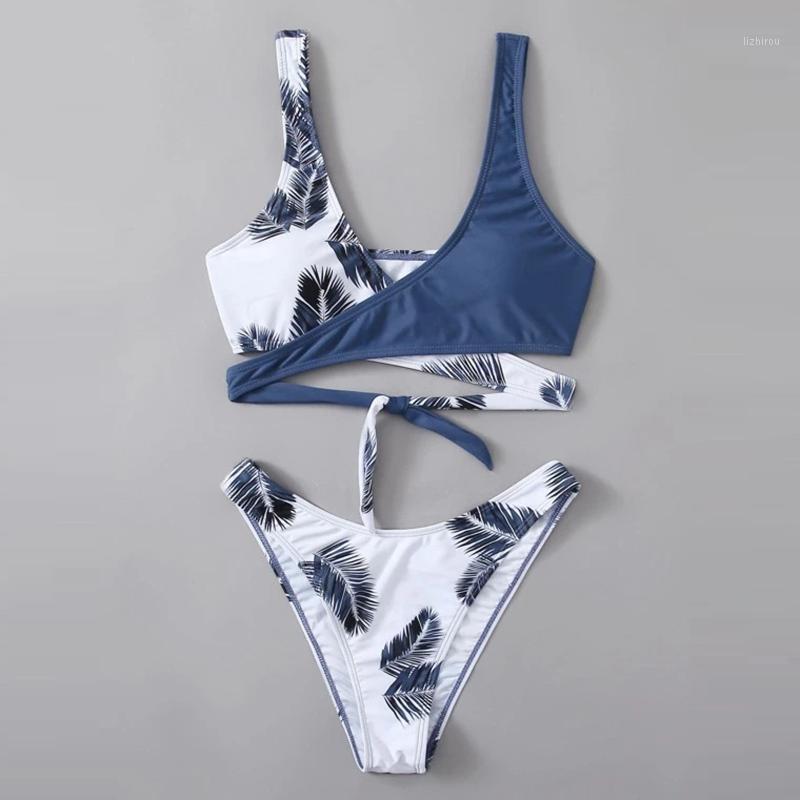 

Women Leaf Print Wrap Bikini Set Push Up Swimsuit Beachwear Padded Swimwear E DROP Women, Blue
