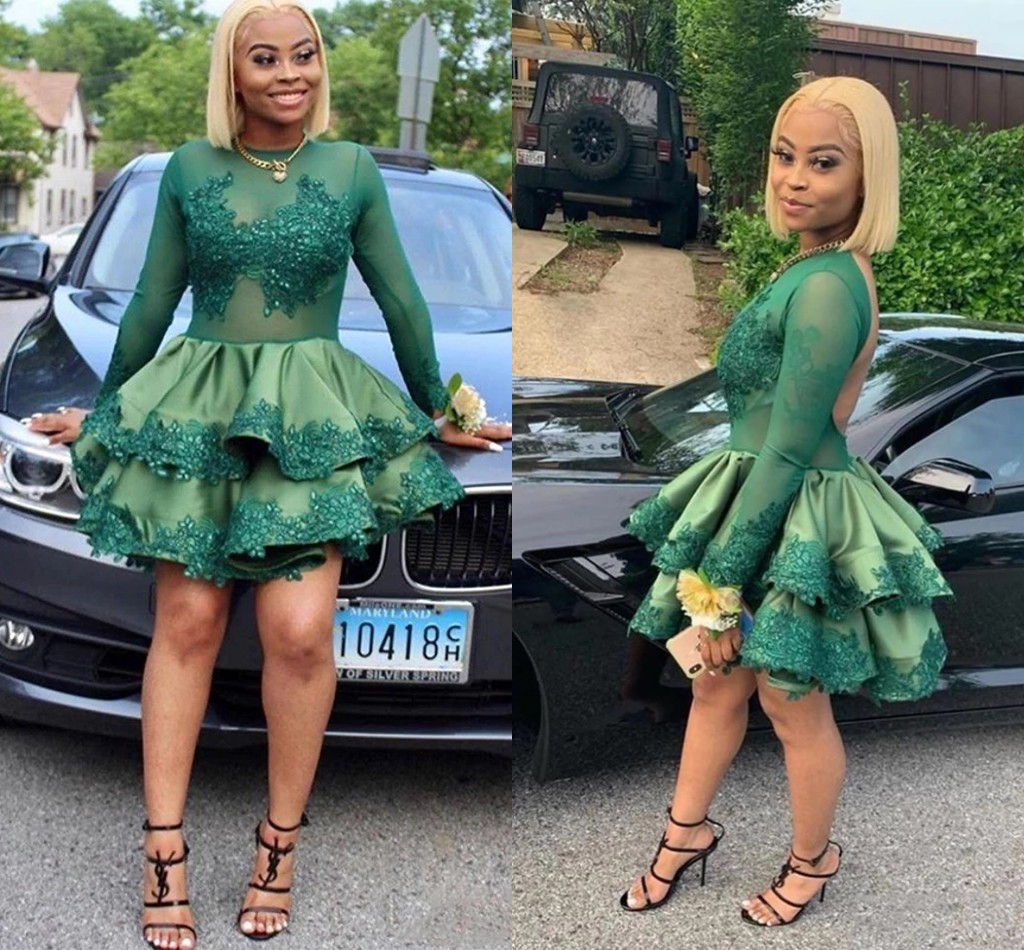 

Vintage Dark Green Long Illusion Sleeves Short Homecoming Prom Dress Backless Layered Satin Sheer Neck Mini Party Graduation Cocktail Dresses, Hunter