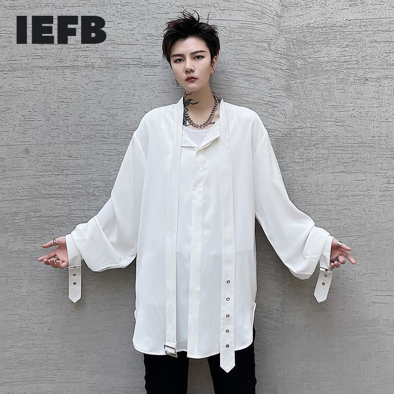 

IEFB 2121 Long Sleeve White Shirt For Men Stand Collar Design Korean Male Fashion Tops Loose Trend Clothing 9Y6646 210524