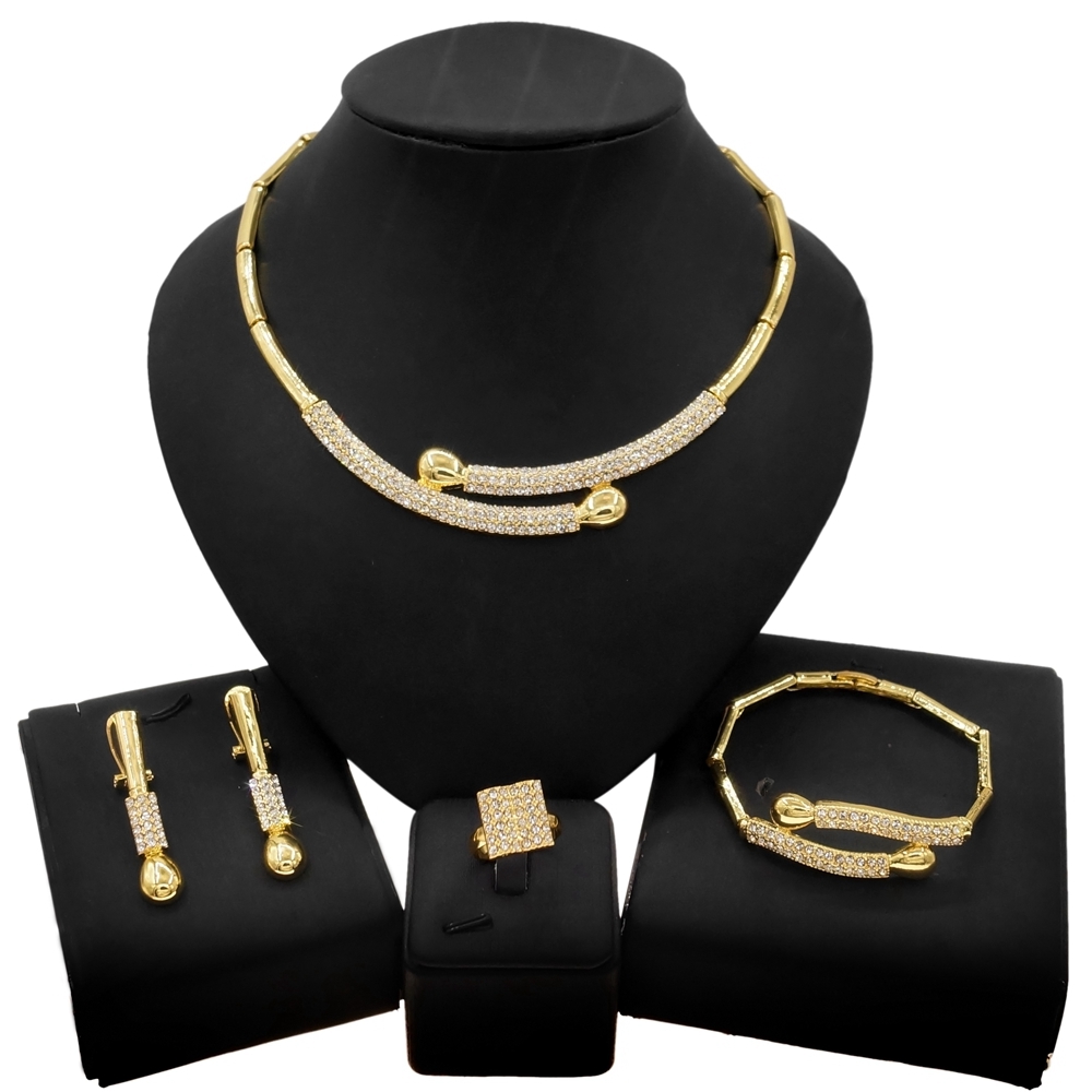 

Yulaili Exquisite Gold Plated Crystal Necklace Jewelry Set Fashion New Dubai Women's Wedding Bracelet Earring Ring Beautiful Jewellery Sets HS21081414, Golden