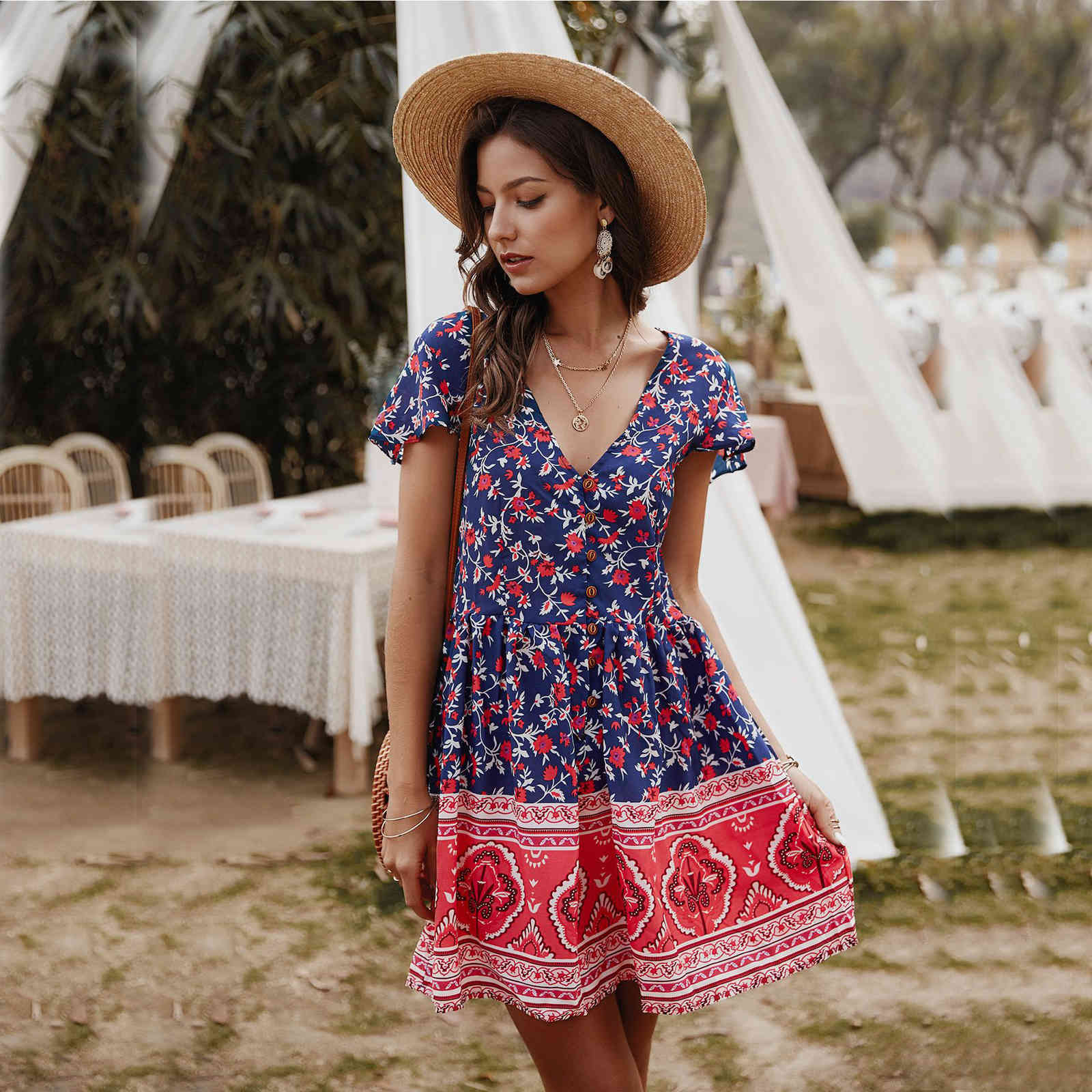 

Women summer bohe mini dresses Female V-neck short ruffles Women' printed Dress sweet Sexy A-line holidays 210524, Navy blue