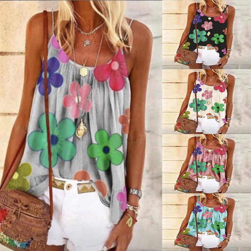 

Women' Tanks & Camis Summer 2021 Loose Sling Top Flower Print Fashion Casual Home Vest Women -5XL, Beige