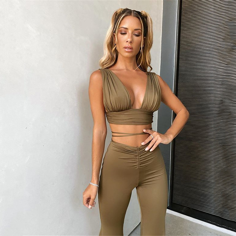 

Bandage Sexy V-Ne Sleeveless Crop Top and Pants Two Piece Sets Baless Women Club Party Outfit Matching Sethigh quality, Black