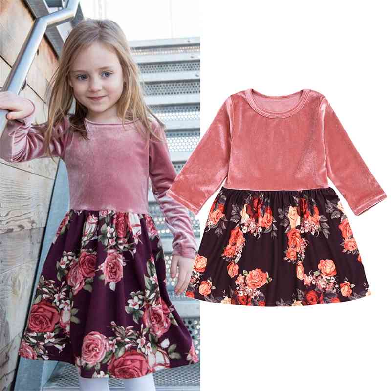 

Ins autumn children's skirt new girl's long sleeve flower dress, Red;yellow