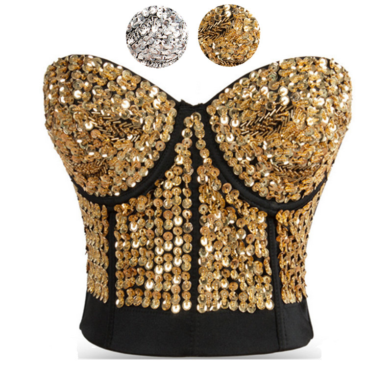 

Woman Bustiers Striking Gold Sequin & Beading Studded Belly Dance Bra Top Sexy Bustier Underwear Women Bra Push Up Bralette Punk Rock Brassi