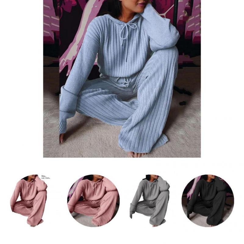 

Gym Clothing Women Outfit Autumn Winter Knitted Two Piece Set Solid Color Vintage Fashion Casual Hooded Tracksuit, White;black