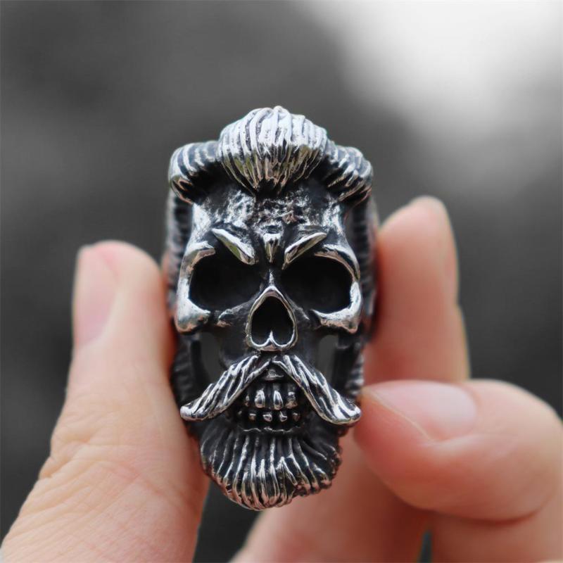 

Cluster Rings Men's Bearded Skull Ring Stainless Steel Jewelry Punk Biker For Men Gift, Golden;silver