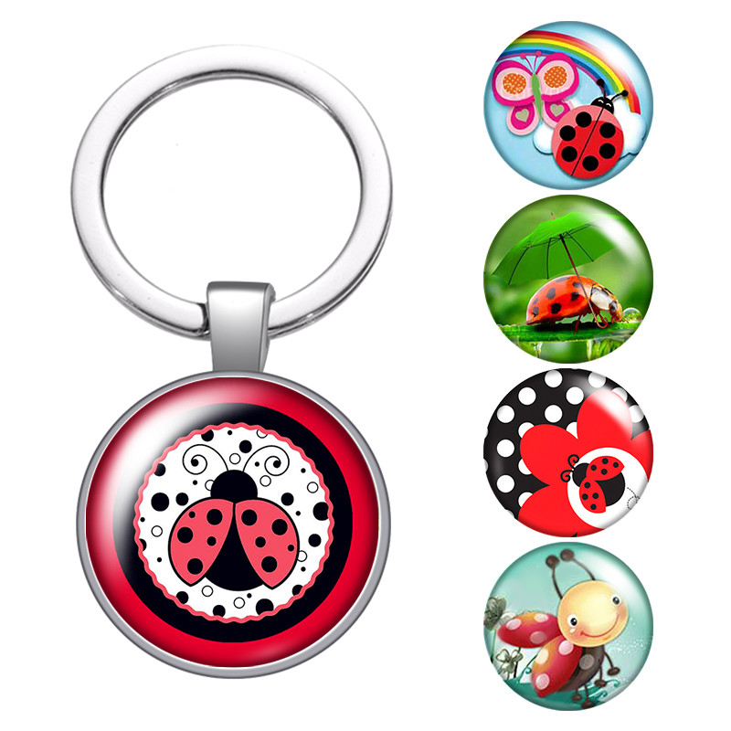 

Lovely Ladybug Cute Love Animals Glass Cabochon Keychain Bag Car Key Rings Holder Charms Silver Plated Key Chains Women Gifts