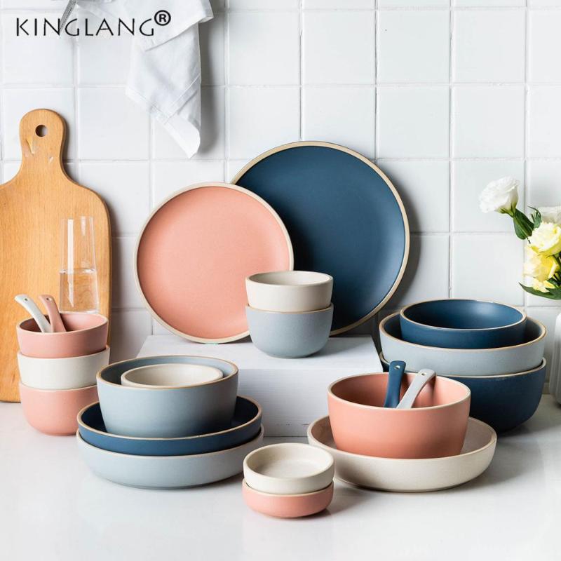 

Kinglang Nordic Ceramic 4 Person Use Dinner Set Morandi Color Dishes Cutlery Plates Bowls
