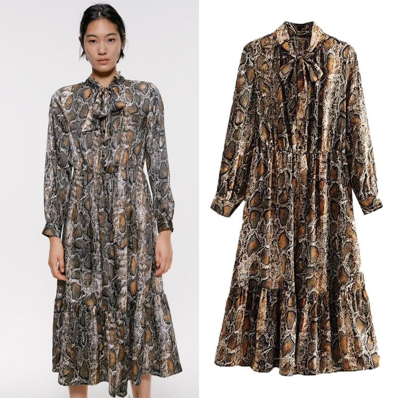 

women dress fashion spring summer long snake printed pleated sleeve ruffles elegent ladys 210524, Snake pattern