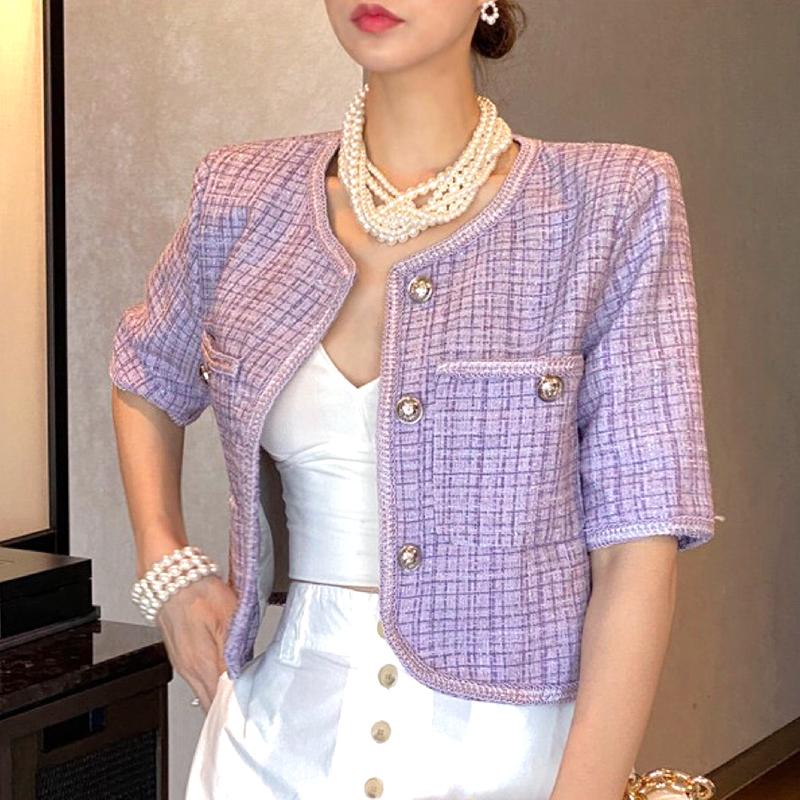 

Women' Jackets Sannian Women Jacket 2021 Summer Soft Violet V-neck Buttons Loose Cardigan Tweed Short Coat Clothes Tops, Lavender