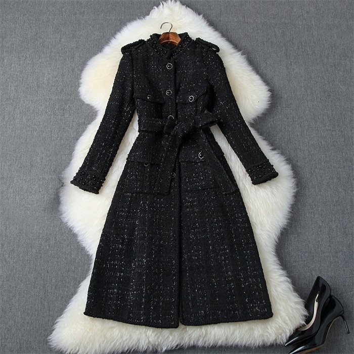 

Women' Trench Coats Fall Autumn White / Black Long Sleeve Stand Collar Tweed Beads Belted Single-Breasted Outwear Coat Casual Fashion O06T10192 3MA2, 1# shoe box