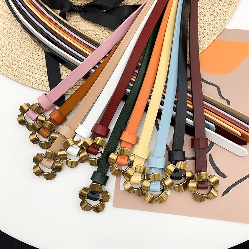 

Belts Design Thin Adjust Belt PU Leather Colorful Dress Cummerbunds Students Women Waistbands Metal Flower Buckle Gifts, Black;brown