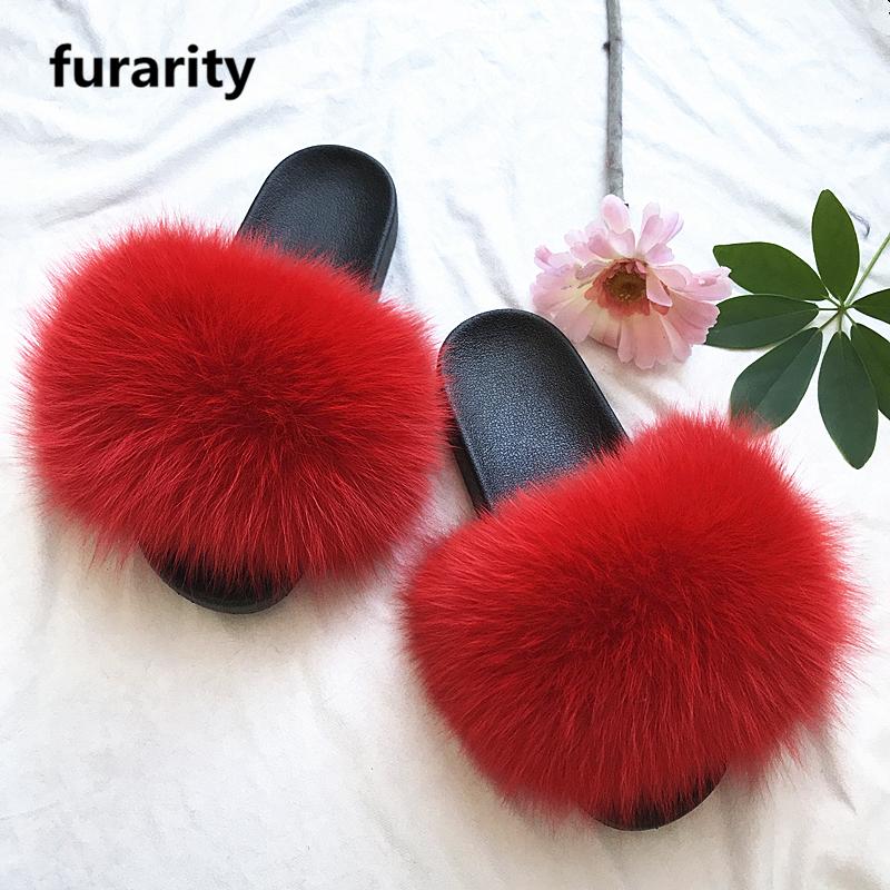 

Slippers SF0322 Fur Slides Women's Real Shoes Flip Flops Flat Fluffy, Black