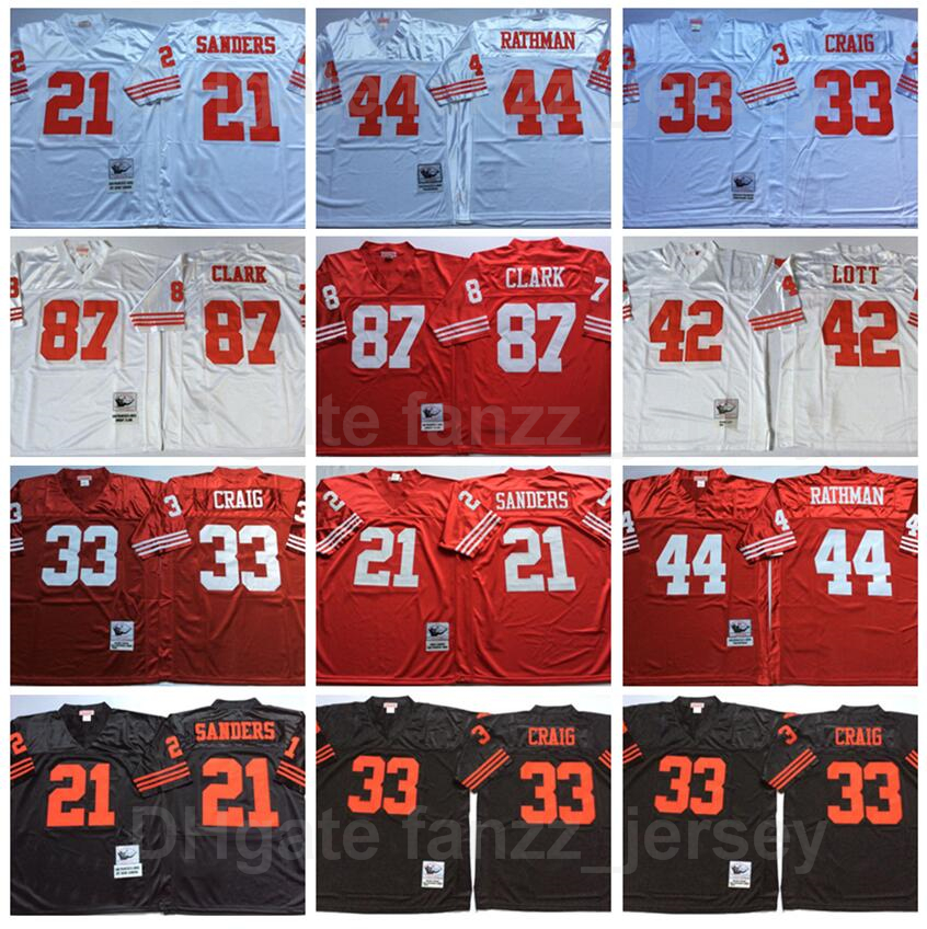 

NCAA Vintage Football 87 Dwight Clark Jersey Retro 21 Deion Sanders 33 Roger Craig 44 Tom Rathman 16 Joe Montana 42 Ronnie Lott, Red