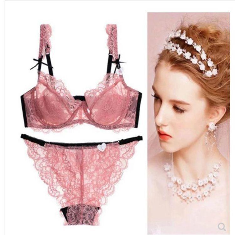 

Bras Sets Summer Sexy Lace Bra Ultra Thin Transparent Temptation Large Size Underwear Set Women Gathering Setting Adjusting Side Receiving, Purple