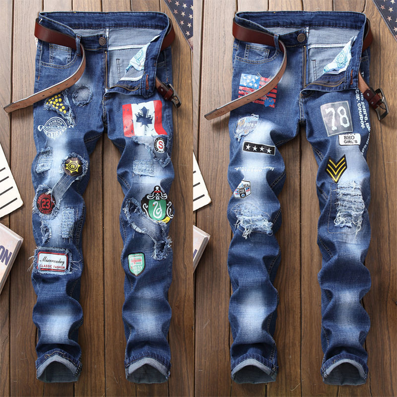 

Men's Jeans 2021 spring and European American autumn dung beggar mending ed in print, Cyan