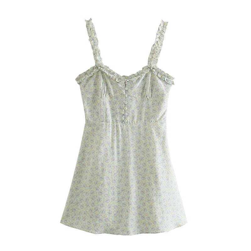 

Fashion Backless Floral Print Cami Short Dress Women Summer A-line Mini Beach Casual Sweet Sleeveless 210525, Green