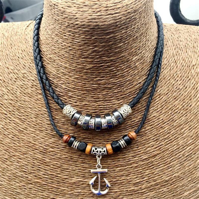 

Layer Real Leather Mens Black Cord Necklace With Anchor Pendent Chokers