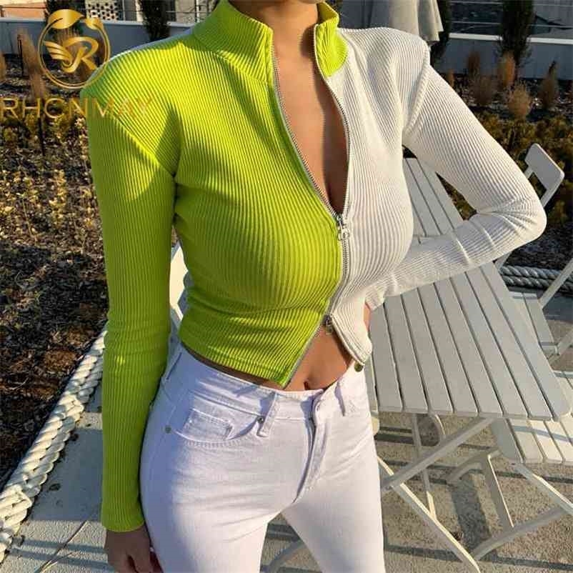 

Green Zip Up Patchwork Cardigan Coat sweater Ribbed Knitted Long Sleeve Strech Casual Sexy Women Summer Tops Streetwear 210520, Picture color