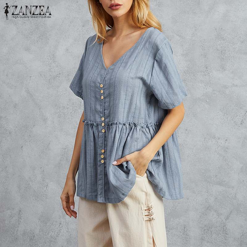 

2021 ZANZEA Fashion Summer Tops Stylish Womens Linen Blouse Causal V Neck Short Sleeve Shirts Female Solid Tunic Plus Size 5XL, Blue