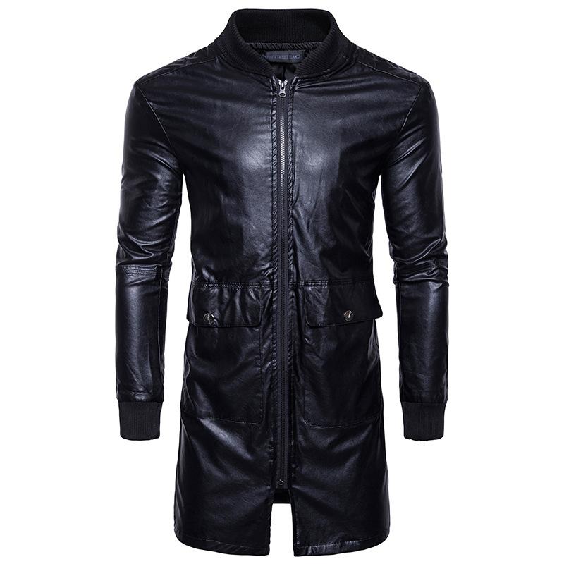 

Men's Fur & Faux 2021 Long Pu Leather Jacket Fashion Casual Men Section Solid Color Male Youth Trend Motorcycle Coat, Black