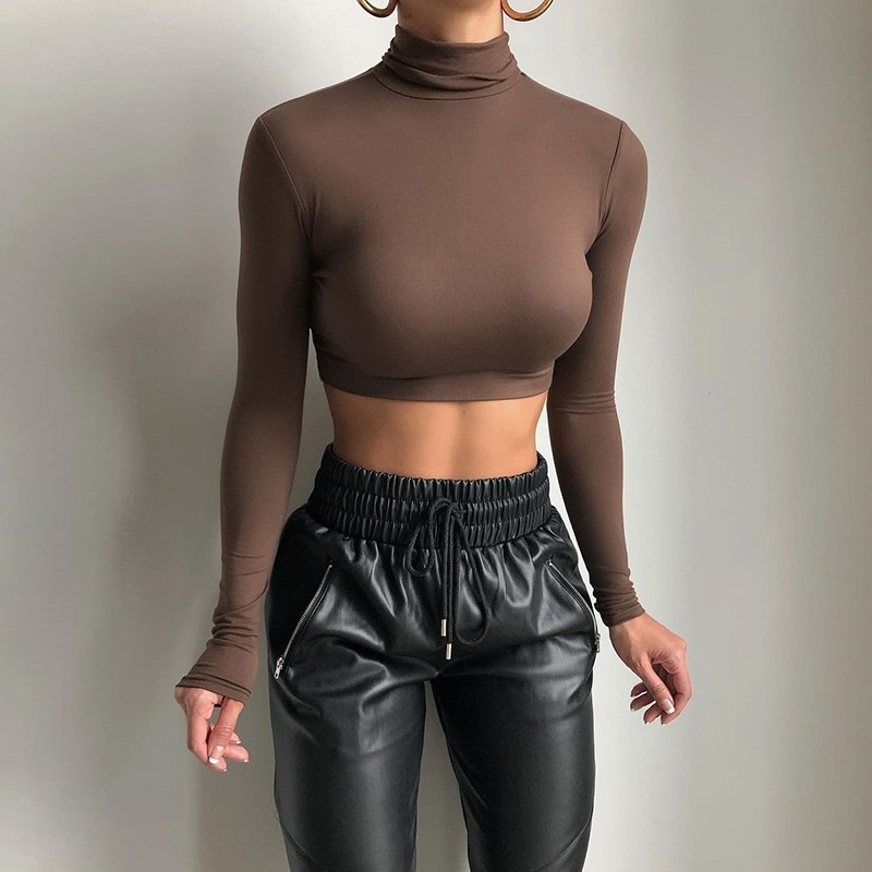 

spring and autumn women's long sleeve solid color short open navel sexy slim fashion T-shirt woman tshirts 210602, Dark brown