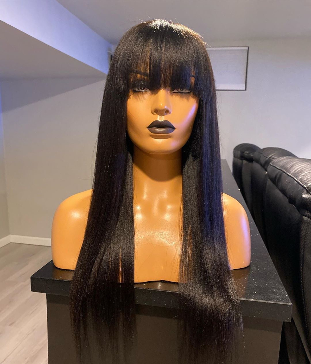 

Silky Straight Wigs With Bangs 200 Density Scalp Top Full Machine Made Wig Long Straights Human Hair Remy Peruvian, Natural color