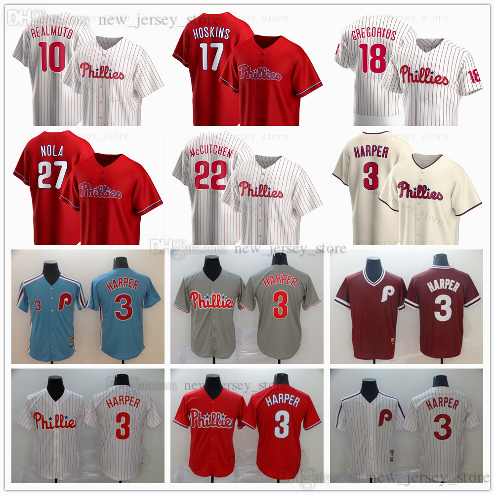 

2021 News Baseball 3 Harper 10 JT Realmuto 17 Rhys Hoskins 18 Didi Gregorius 27 Aaron Nola Stitched Gray Road White Home Cream Alternate Away Jersey, As picture